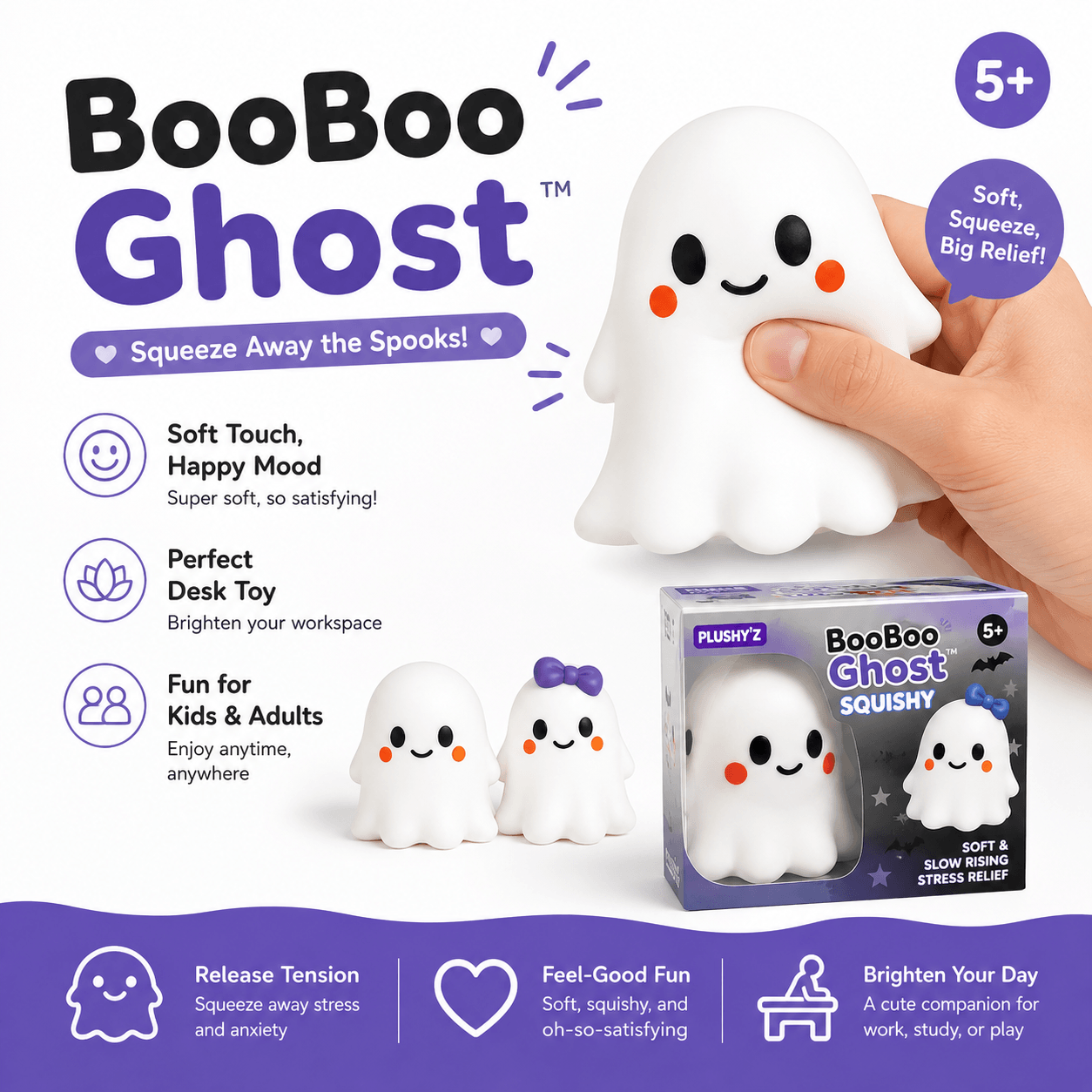 PLUSHY'Z® BooBoo Ghost Squishy – Stress-Relief Toy