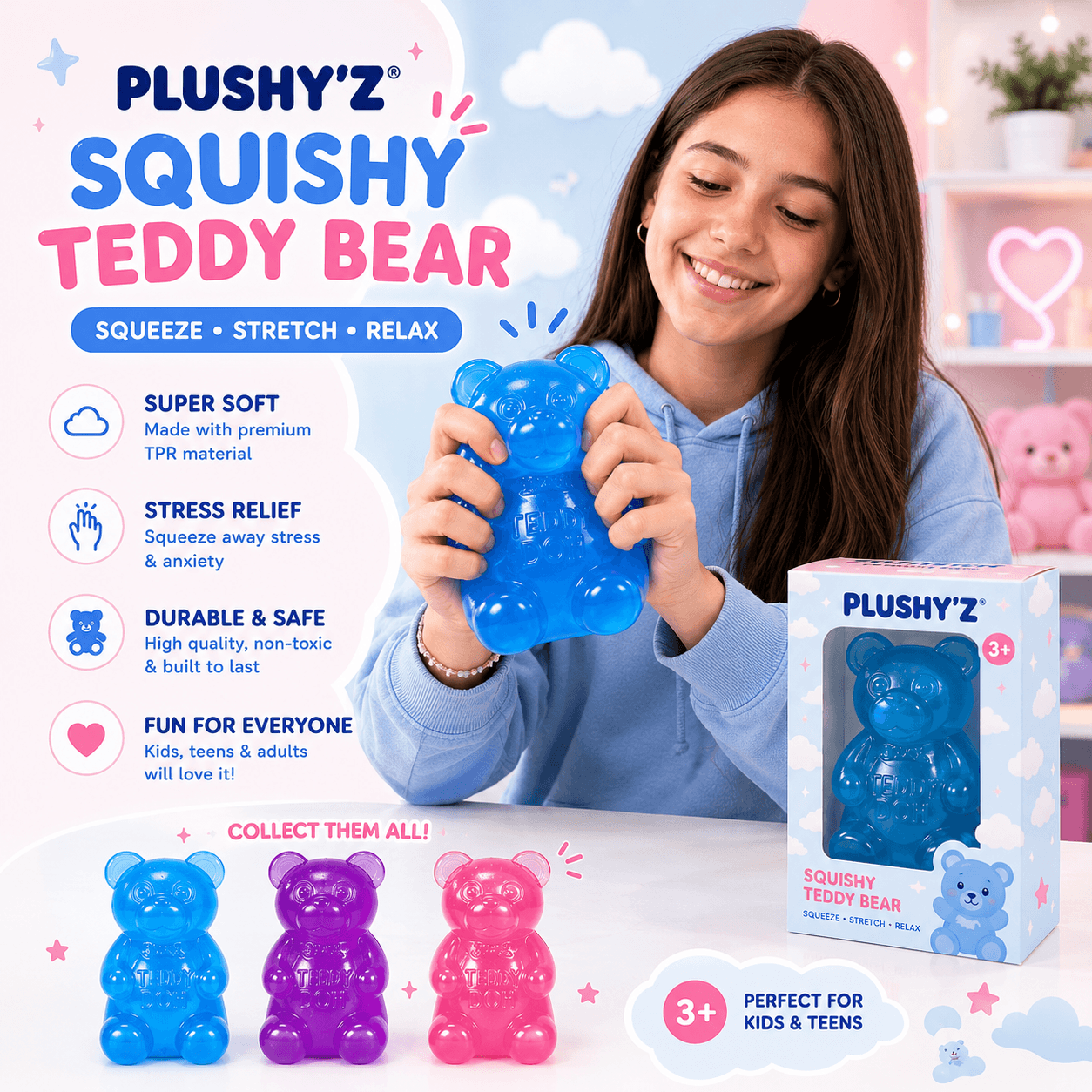 PLUSHY'Z® Squishy Bear – Sensory Stress-Relief Toy
