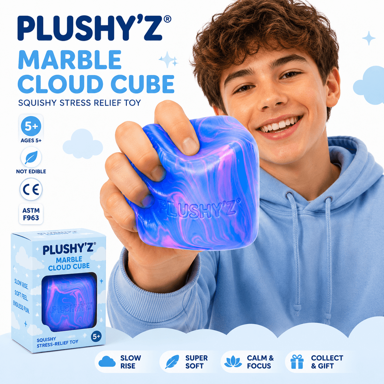 PLUSHY'Z® Marble Cloud Cube – Squishy Stress-Relief Toy